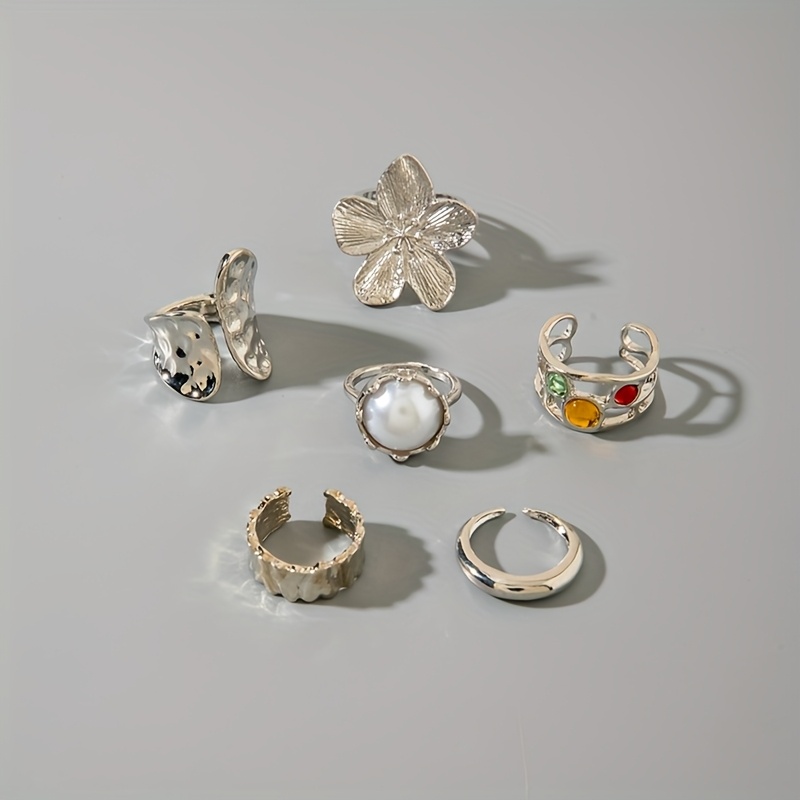 6pcs Unique Large Flower Hollow-Out Rhinestone Ring Set