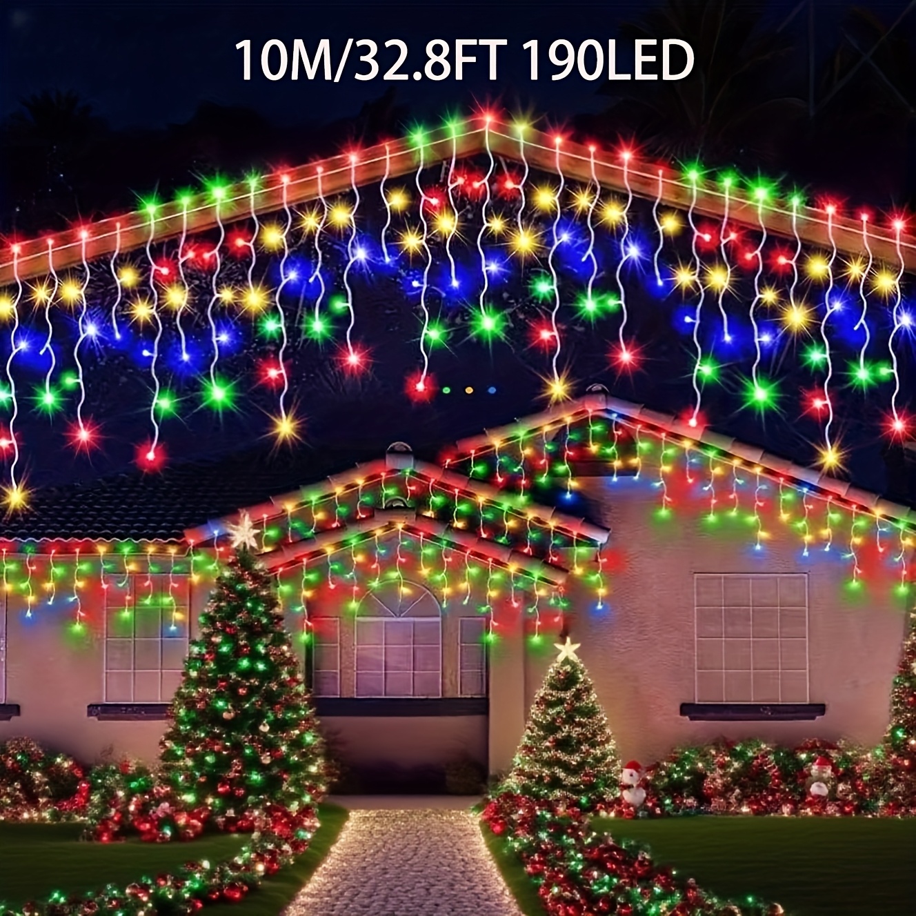 Image of Usb-powered Icicle Lights For Christmas Featuring 190 Or 100 Leds, Suitable For Indoor And Outdoor Use. String Lights Come With 8 Different And Are Multi-colored, Perfect For Decorating Roofs, , Yards