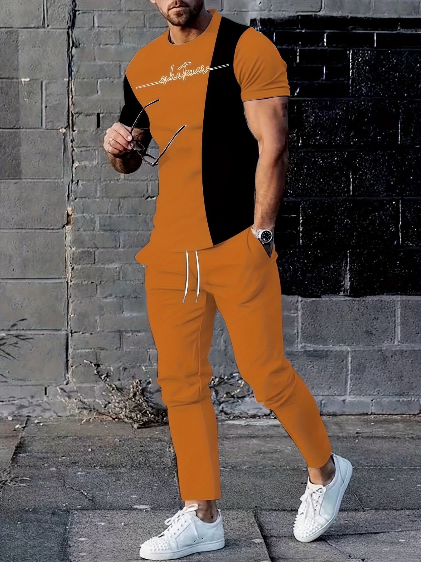 mens color block letter print short sleeve jogger set streetwear casual two piece outfit     outdoor activities parties and casual attire outdoor casual wear streetwear fashion