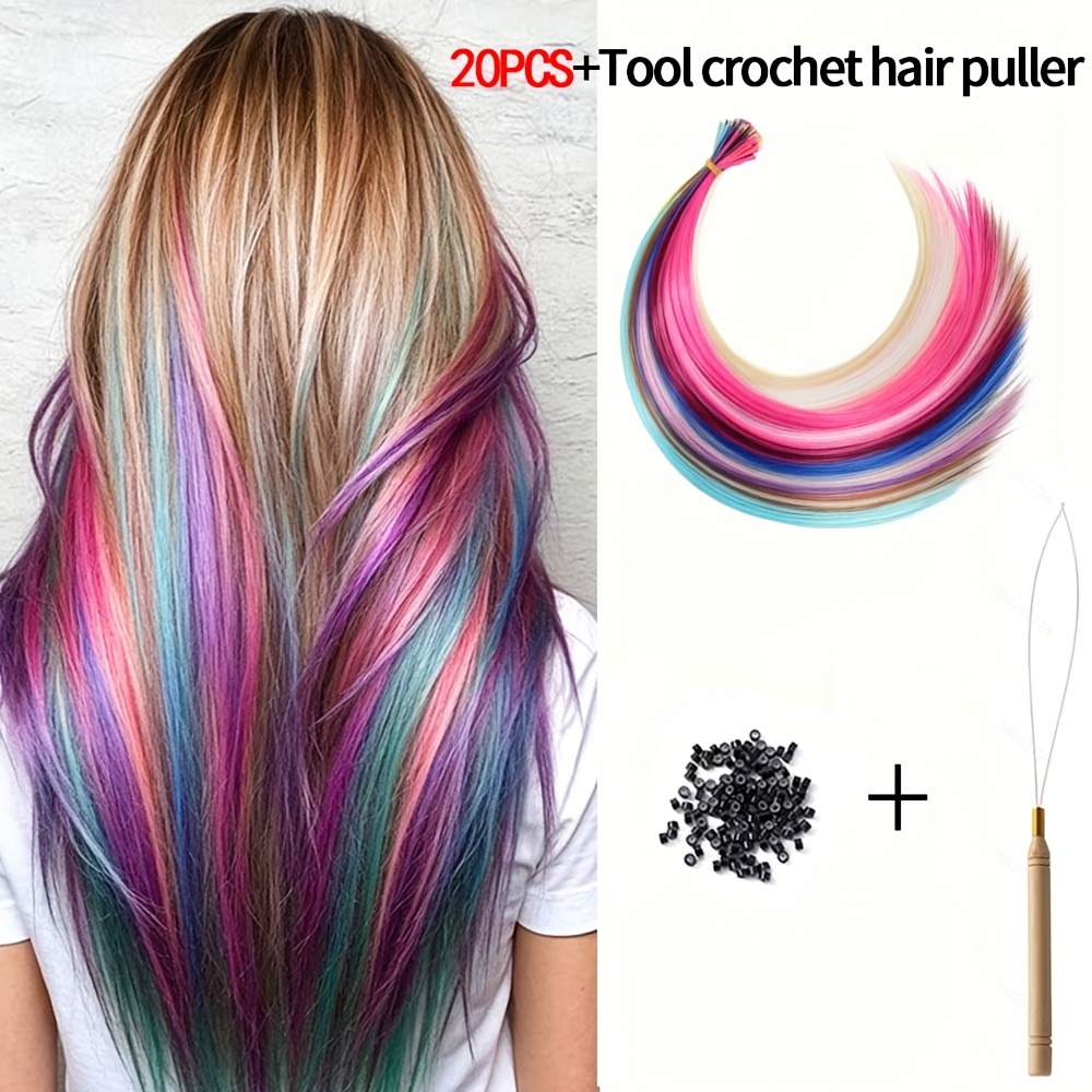 Image of 20 Inch 15pcs-20pcs Hair Clip Set, Fusion Long Straight Hair Clip, Synthetic Heat-resistant Hair, With High Gloss Feather Micro Ring Hair Accessory, Including And Bead Threading Tool