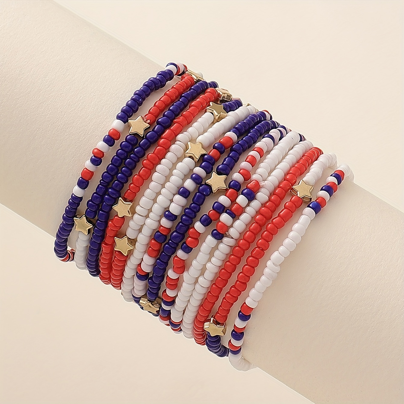 

14pcs Patriotic Beaded Bracelet Set, Red White And Blue Stretch Beads With Star Charms, Boho Style, Holiday Perfect For Ladies' Events And Parties
