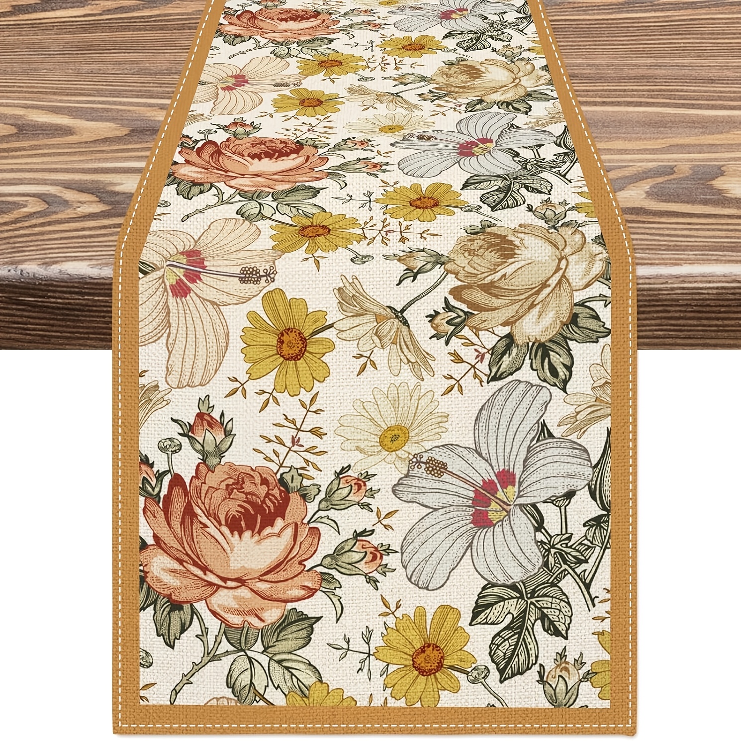 

1pc Vintage Floral Linen Table Runner - 100% Woven Linen, Retro Rose And Chamomile Design, Decorative Rectangle Table Cover For Home, Party, Restaurant - Multiple Sizes