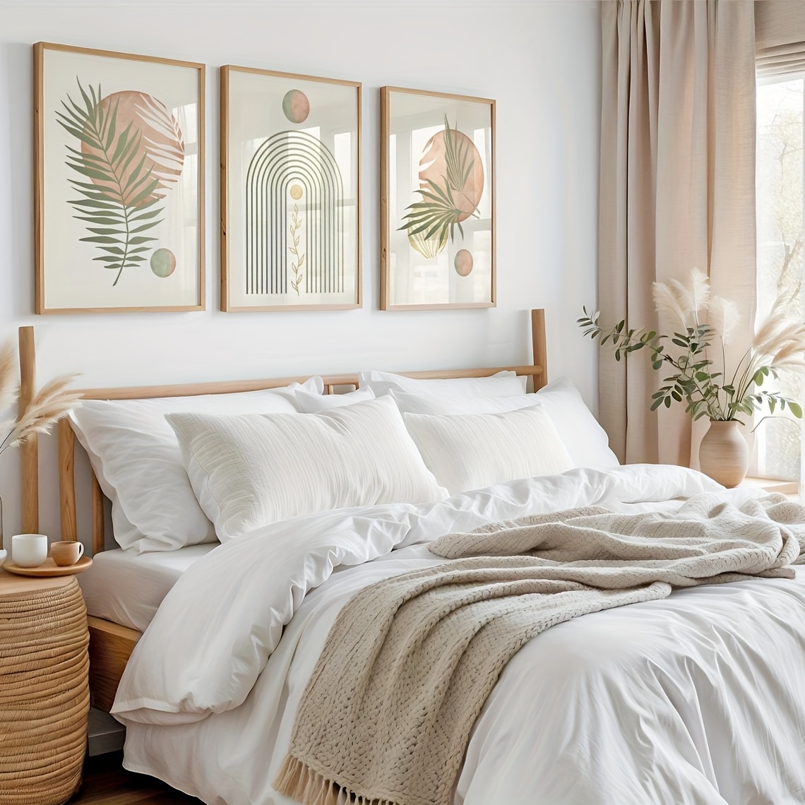 TEMU Set Of 3 Palm Prints, Mid Century Modern Wall Art, Boho Wall Art Set Of 3, Botanical Art, Sage Green And Blush Pink Art Prints, Unframed