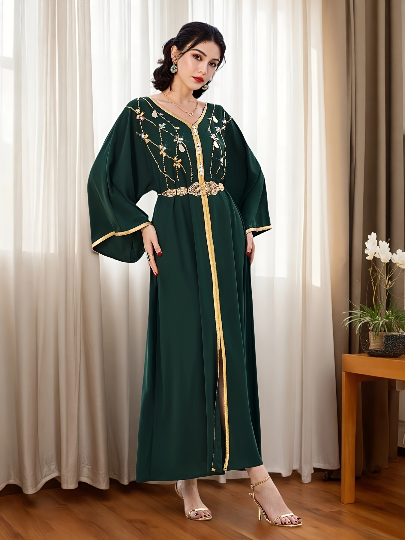 4022 dark green fashionable casual dress rhinestones women - Temu