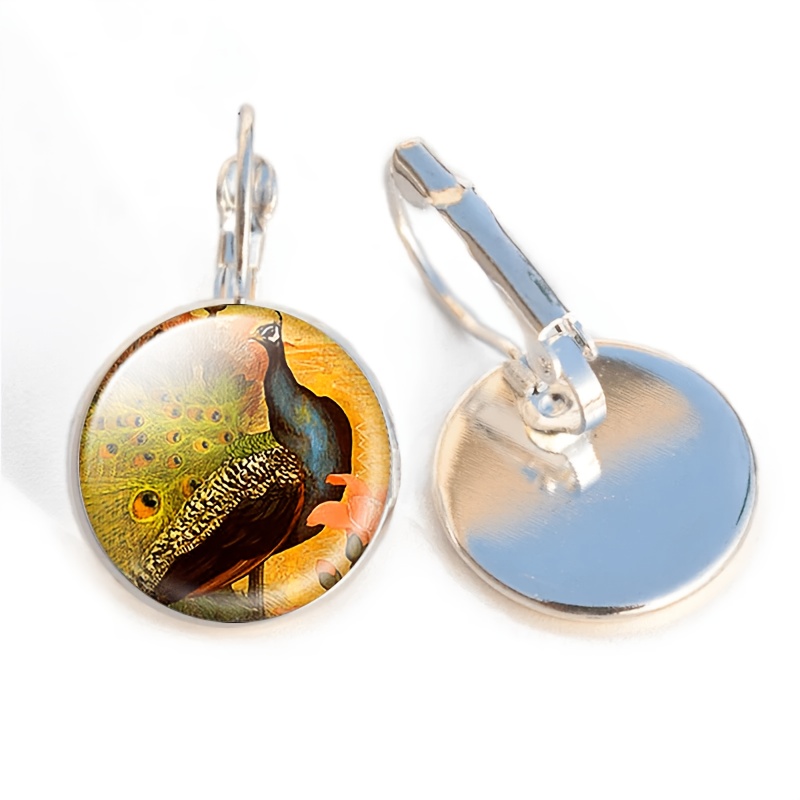 2pcs Round Glass Inlaid Base Earrings Set with Peacock Feather