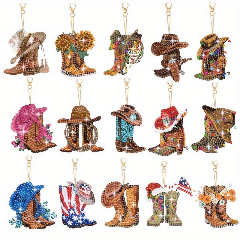 

15-piece Diy Cowboy Boot & Hat Diamond Painting Keychain Kit - Double-sided, Round Acrylic Gems With Flower & Butterfly Designs For Home Decor, Garden, Party Favors, And Backpack Charms