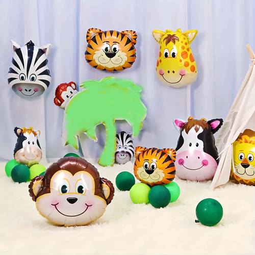 6pcs, 17inch/43.2cm Mini Small Forest Animal Head Balloom, Lion Tiger Elephant Giraffe Design Balloons for Birthday Party Decoration, Forest Theme Party Decoration, Festive Party Supplies, Easter Room Decor