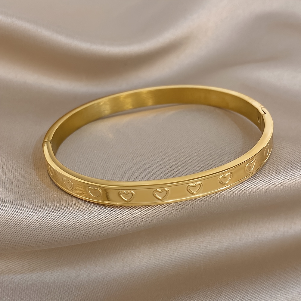Golden-Plated Heart-Shaped Stainless Steel Bracelet, Adjustable Cuff