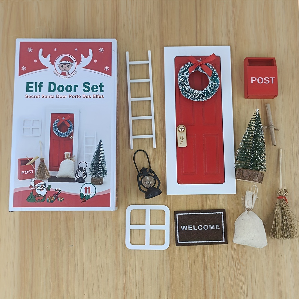 TEMU Christmas Elf Door Set - Seasonal Decorative Wooden Fairy Door With Accessories - Festive Holiday And Halloween Decoration, No Electricity Required