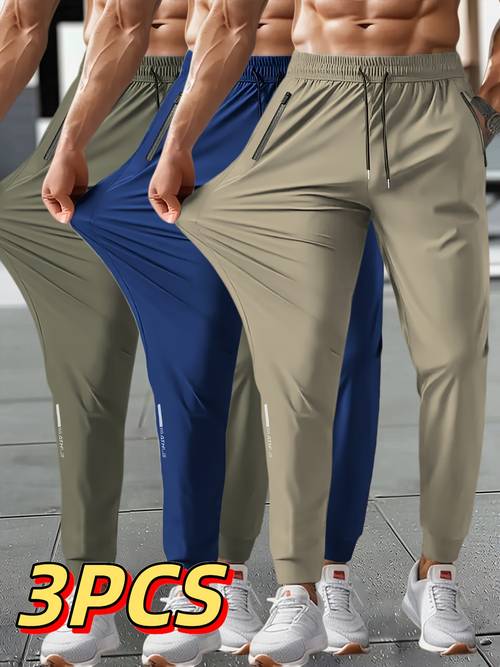 3pcs mens summer solid color tapered sports pants high stretch fiber with ribbed cuffdesign nylon 80 spandex 20 reflective at the hem of pants regular fit with zipperpockets breathable comfortablerunningtraining longtrousers