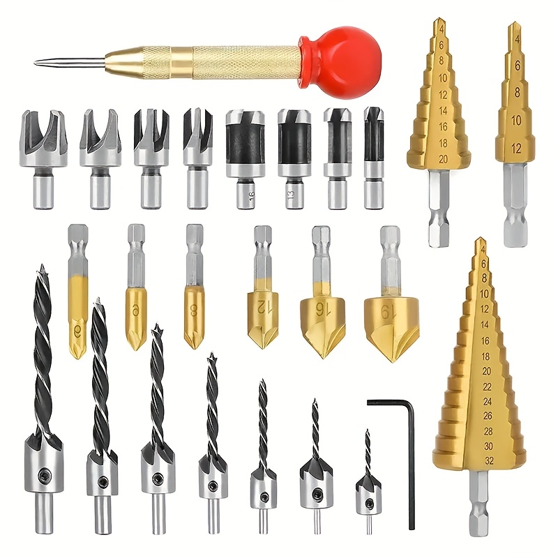 

A Set Of Professional Stainless Steel Drill Bits - Includes A Tower Drill, Center Punch, -blade Wood Drill, Five-slot Countersink Drill, And Cork Drill.