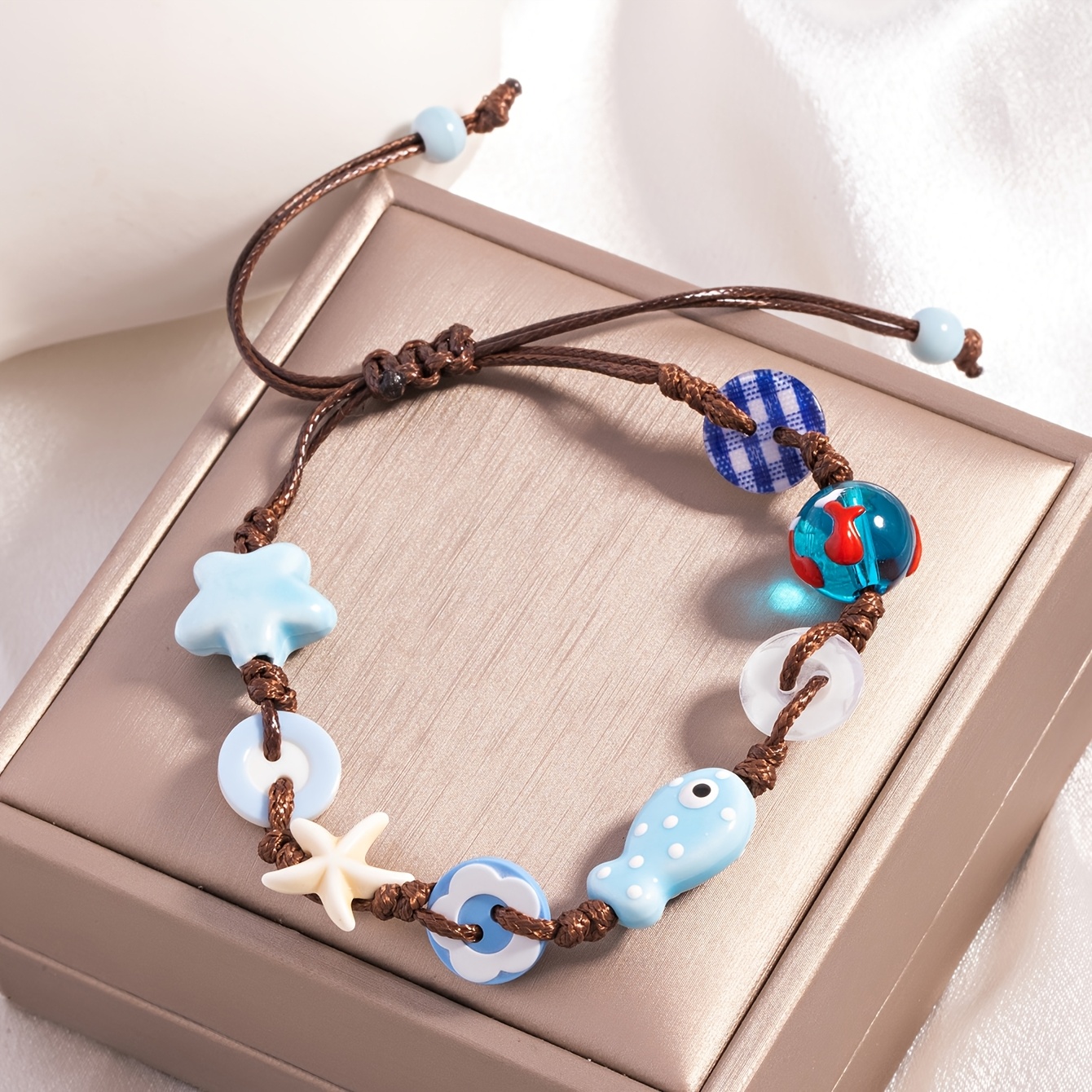 TEMU 1 braccialetto regolabile in stile boh矇mien con perline, carillon a forma di stella marina, fungo e pesce, retr簷 con cordino, regalo per il