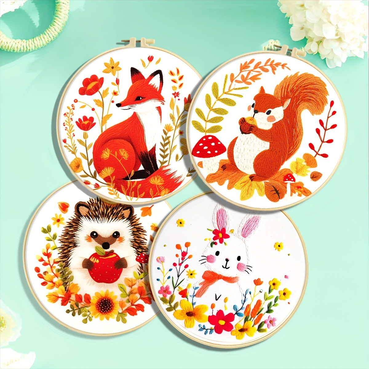 

1 Set Embroidery Kit, , Squirrel, Rabbit, Hedgehog, Fox, Beginner Level 11ct 3 Strand , Seasonal Craft, White & Mixed Colors, Fabric Material, Artwork