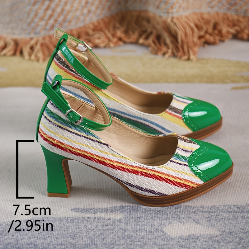 Women's Retro Platform Mary Jane Shoes with Chunky Heel & Multi-Color Striped Design - Round Toe Faux Cover/Fabric Upper, Green/Beige/White/Black/Brown, Comfortable Block Heel & Arch Support, All-Season Casual to Formal Dress Shoes - Vibrant Striped Pattern, Chunky Heel  Cushioned Insole, TPU Sole, Versatile for Casual Attire, Retro Style with Mary-Jane Strap & Buckle Closure, Sparkly Shoes for Women, Petite Pointed High Heel Shoes, Beige Shoes for Women Elegant Classy,