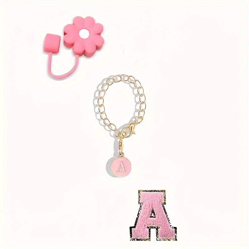 Image of 3pcs/set Cup Additions, Straw Cap, Initial Letter Charm, And Chenille Letter Patch For 30oz/40oz Tumbler