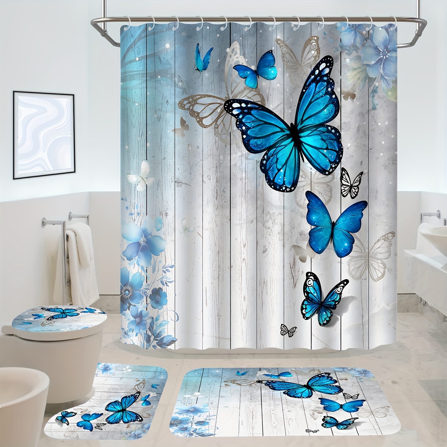 

1/3/4pcs Elegant Shower Curtain Set, Including Golden And Pattern Shower Curtain, Non-slip Mat Bathroom Accessories, Hooks, Home Decoration