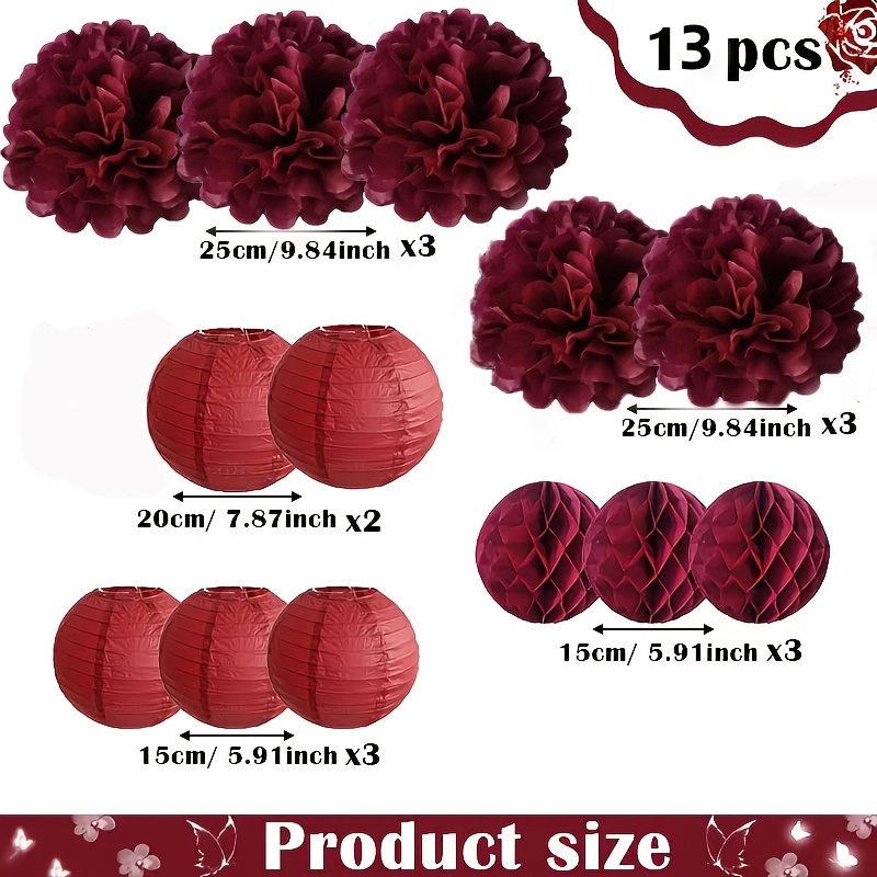 TEMU 13pcs Burgundy Paper Lantern And Honeycomb Ball Set Wedding Decoration Combo Round Paper Lanterns And Honeycomb Balls For Chinese