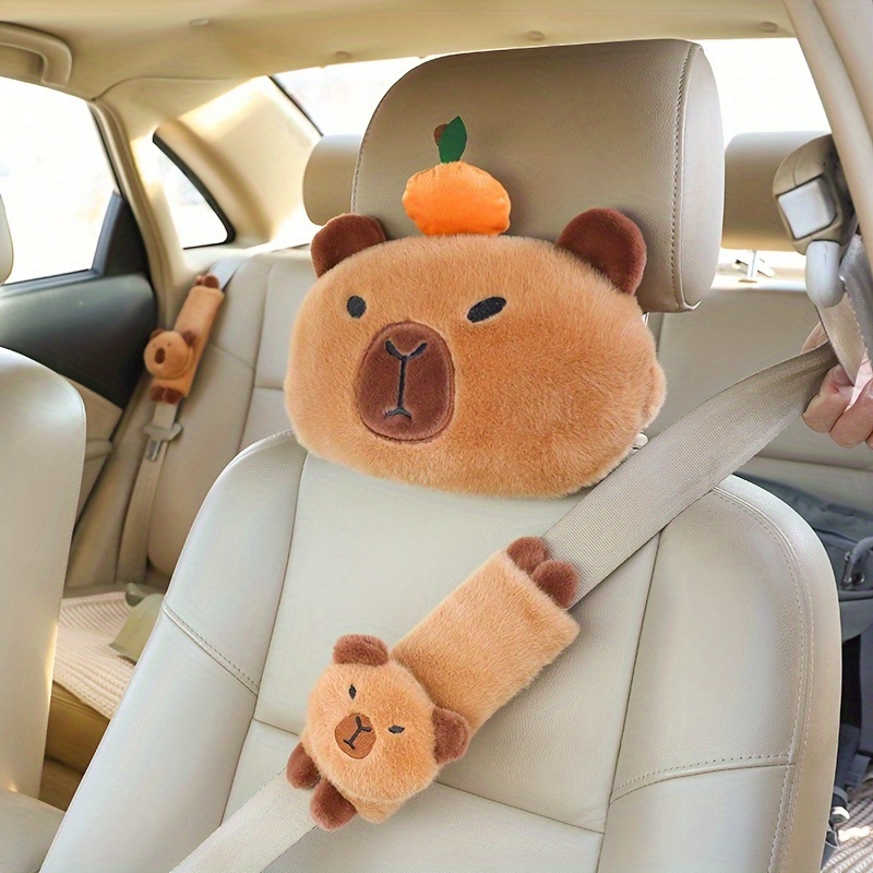 

Adorable Capybara Car Accessory Bundle: Rearview Mirror Cover, Interior Mirror Protector, Shoulder Pad, Seat Belt Cushion, Headrest & Neck Support - Polyester, Fits Most Models, Cartoon, Neck Support