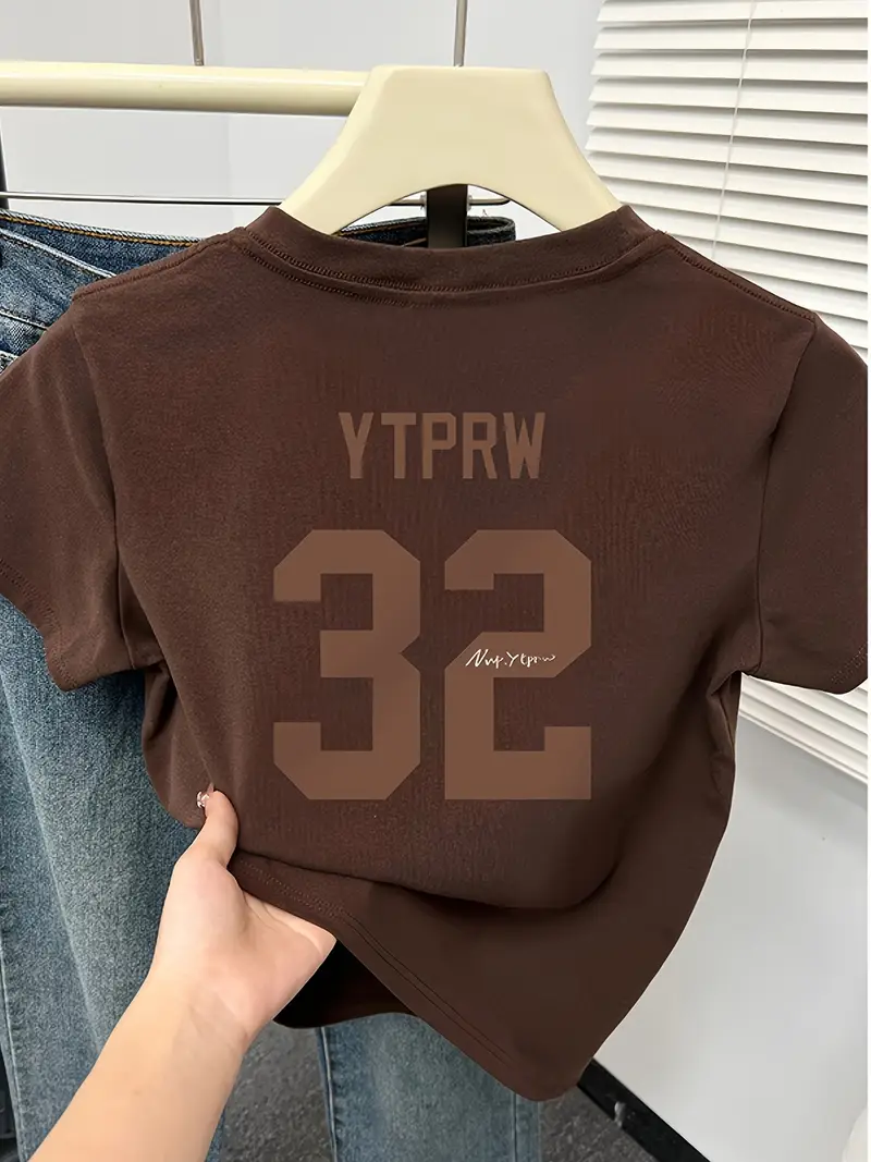 womens fit short sleeve t shirt navy blue casual round neck top with brown 32 letter print breathable summer tee for petite women machine washable layering essential versatile clothing trendy design smooth texture Product details 0