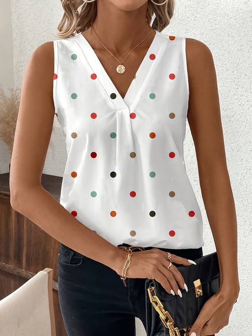 elegant fashion casual holiday womens colorful polka dot print sleeveless v neck vest summer shirt