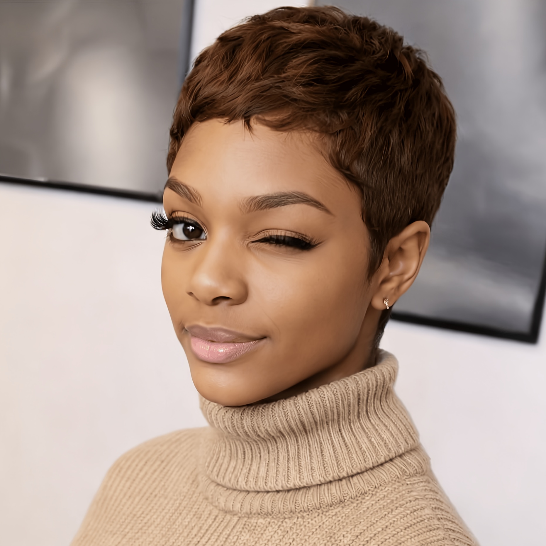 Image of Real Hair Wig, Elf Short Hair, Women's Wig, Short Straight Hair Wig, Brown Bangs Wig, Elastic Mesh Hat, , Suitable For Daily Casual Wear And Holiday Wear