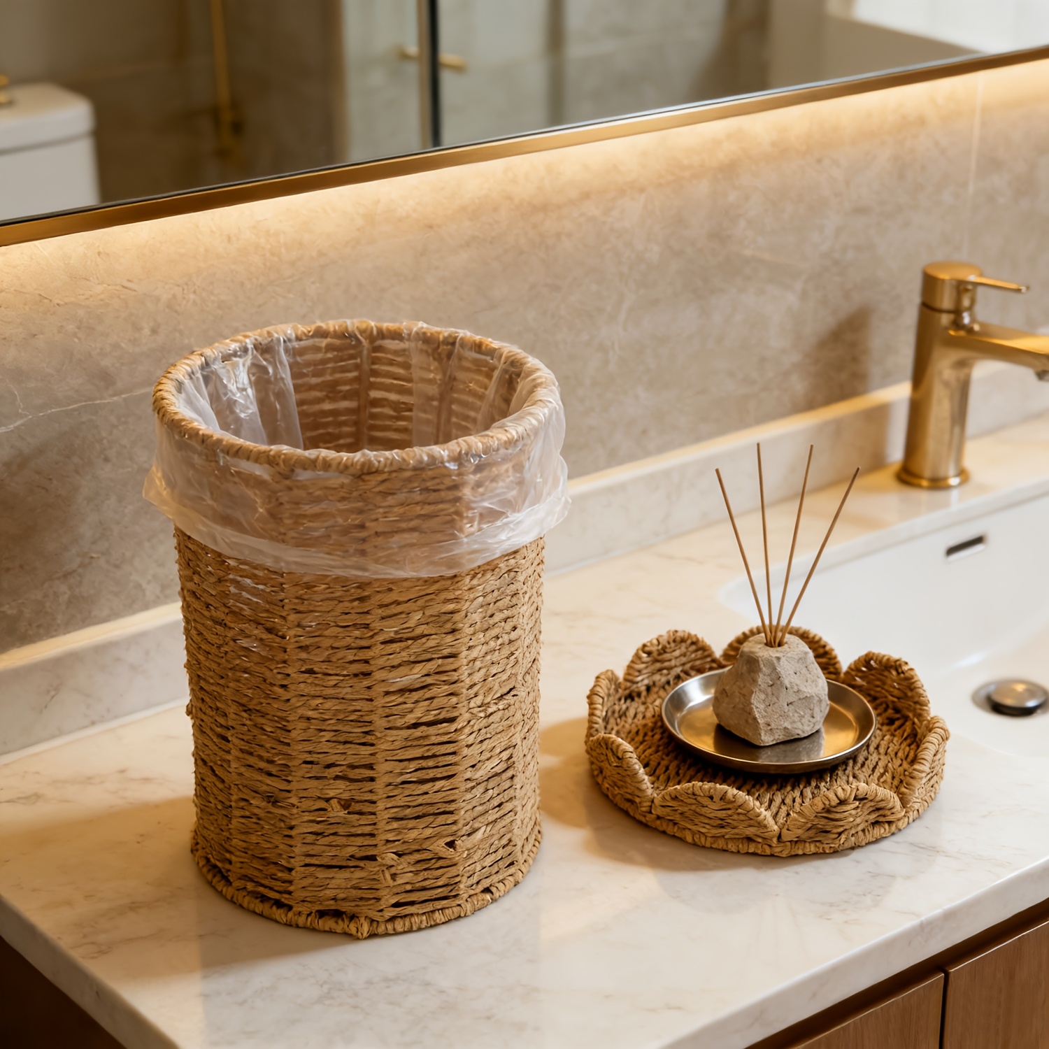 Nordic-Style Woven Trash Can with Lid for Household Use