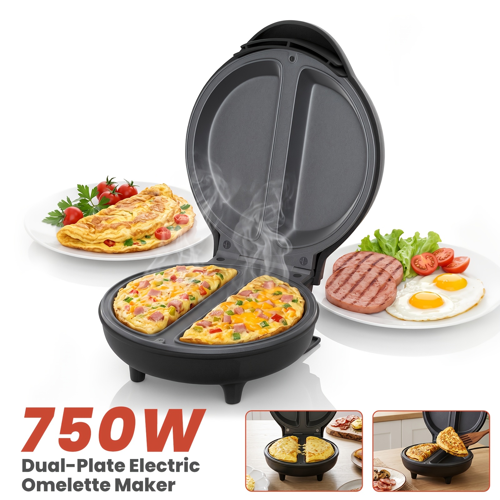 Image of Superlex 750w Dual Plate Electric Omelette Maker With Plates, Auto Temperature Control & Power Indicator Light, Housing, Perfect For , Fried Eggs, Poached Eggs & Eggs