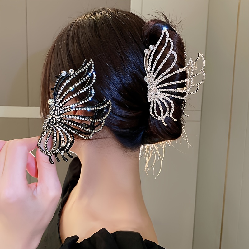 

1pc Elegant Sparkling Rhinestone Hollow Out Butterfly Shaped Hair Claw Clip Retro Large Non Slip Hair Grab Clip For Women And Daily Use Wear