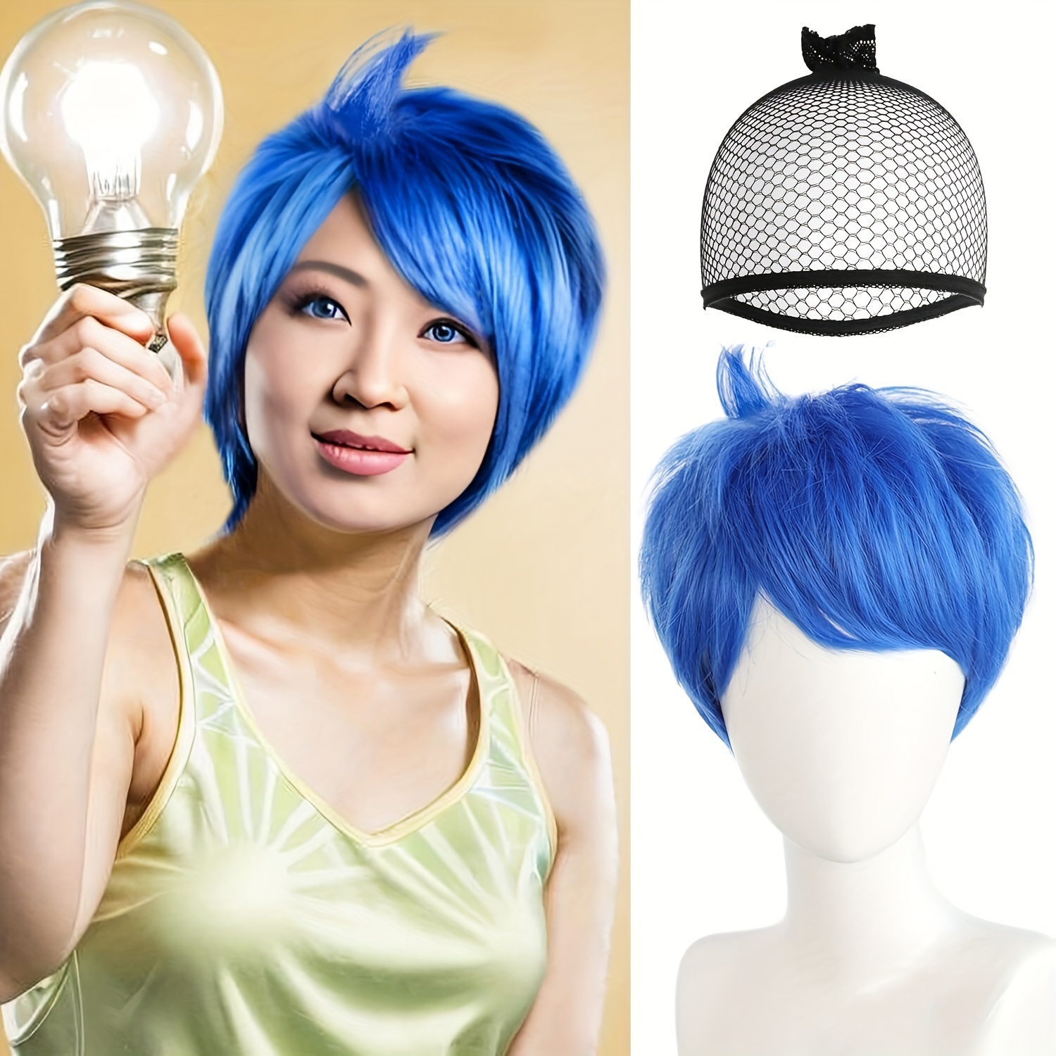 

Anime Joy Inspired Blue Cosplay Wig - Synthetic Heat Resistant Straight Short Hair With Rose Net Cap For Comic Exhibitions And Themed Parties