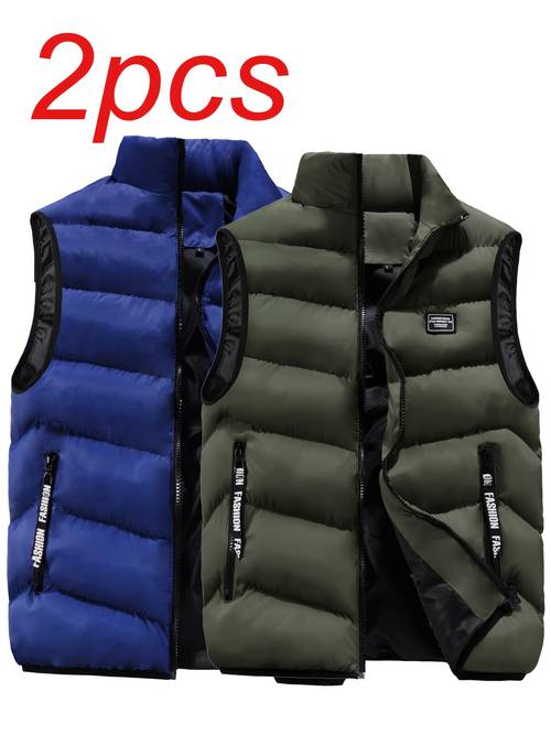 item picture 2pcs pc suitable for sleeveless jackets thickened warm stand collar zipper vests cold proof winter outerwear for gym outdoor skiing hand washable vest for casual wear parties solid
