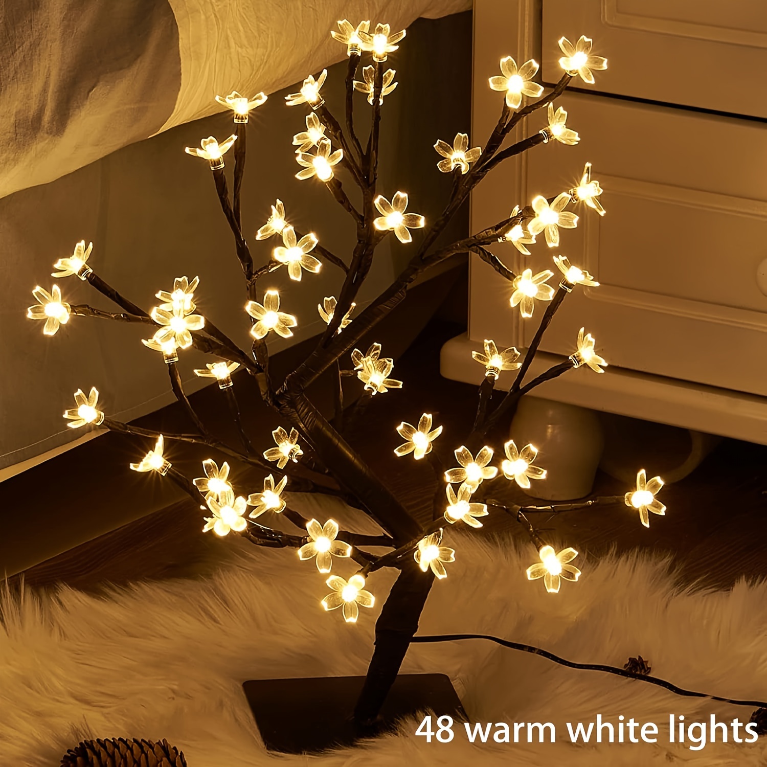 48LED Cherry Blossom Tree Light - Office Lighting Tabletop Night Light with Warm White Plug-in Adapter for Indoor Home Bedroom Living Room_voghion.com