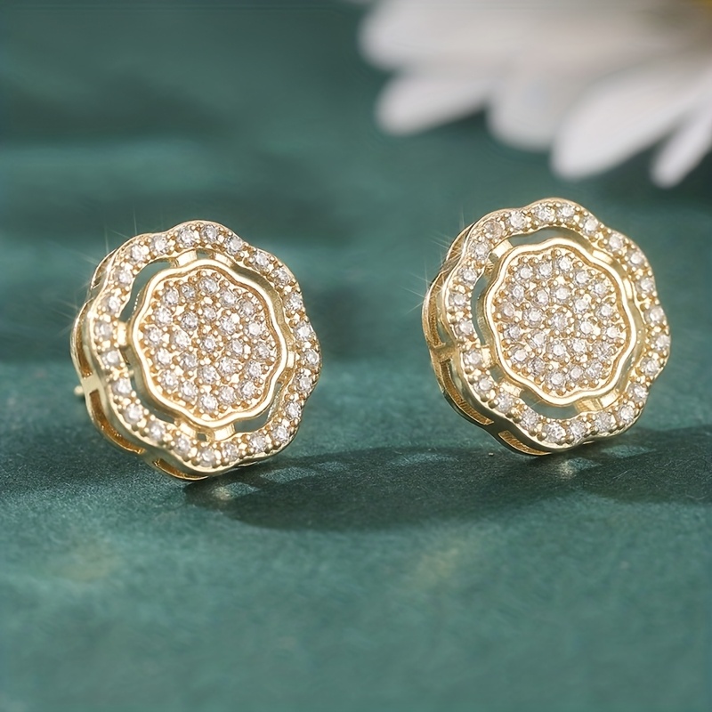TEMU 2pcs Golden Color Plated Flower Shape Stud Earrings Elegant Synthetic Zirconia Earrings, Women Men Unisex Earrings Hip Hop Party Jewelry Bridal