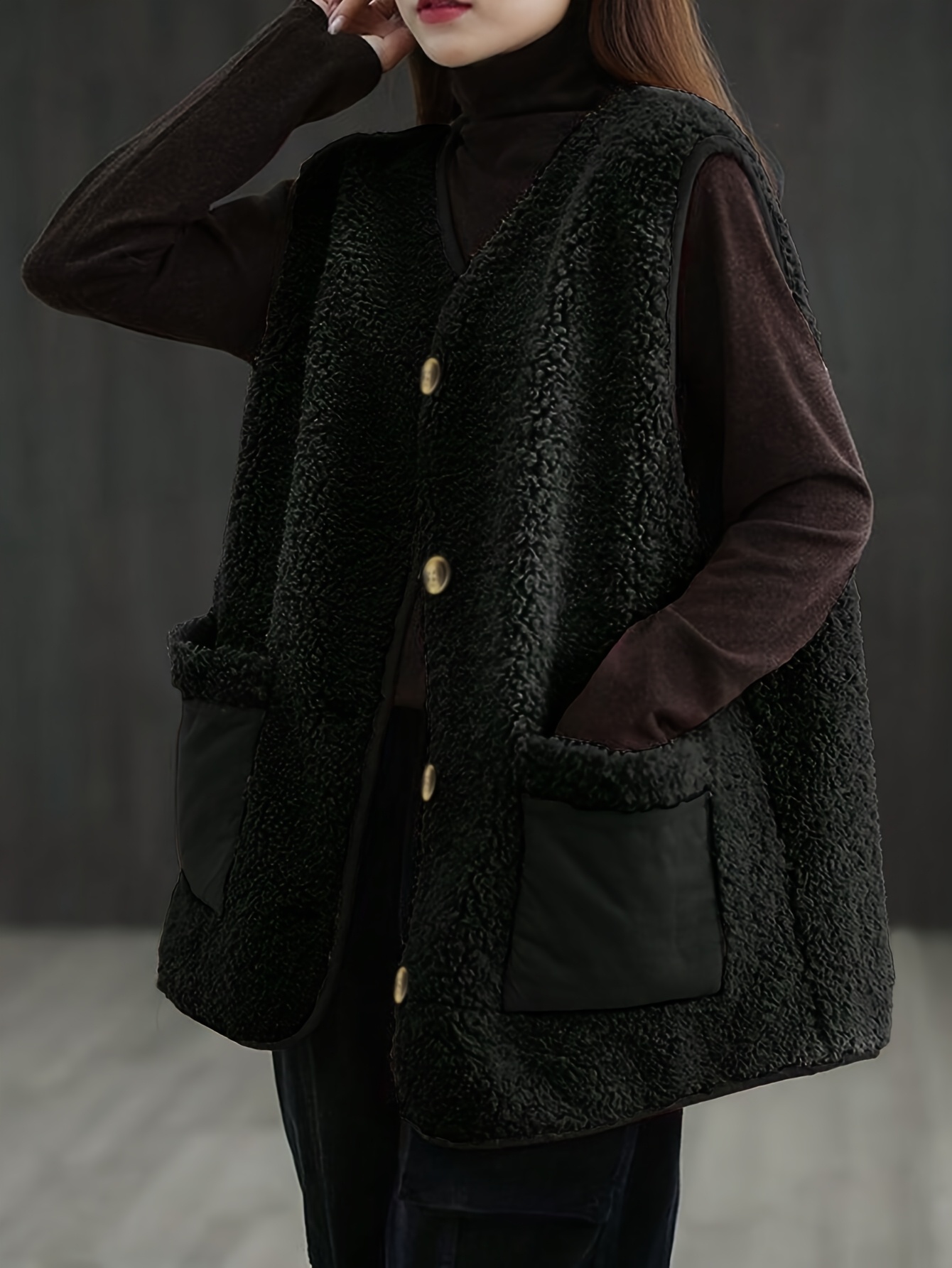 item picture autumn winter womens fashion casual versatile solid color loose fuzzy vest coat with large pockets