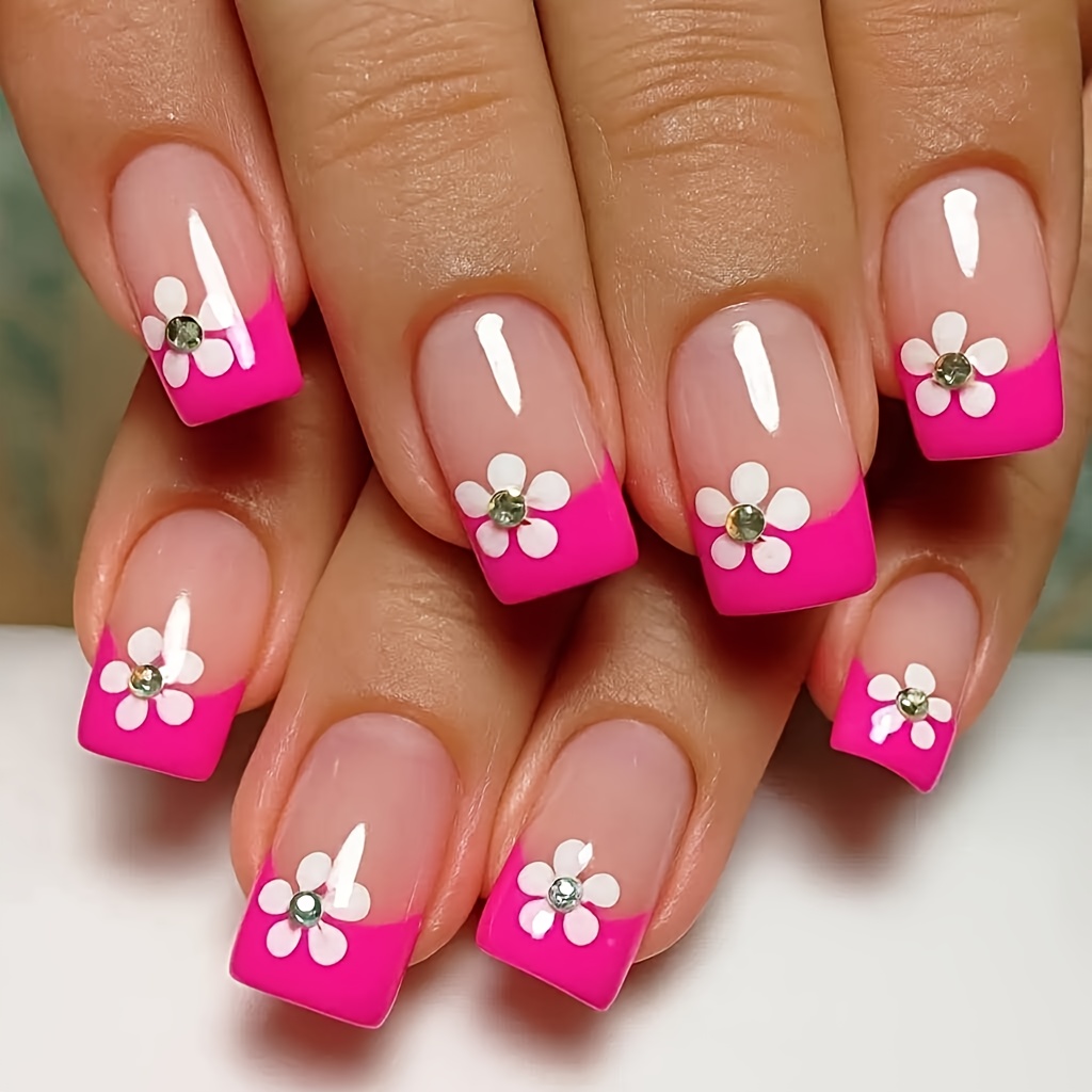TEMU 24 Faux Ongles Carrés Roses Moyens avec Motif de Fleurs | Finition Brillante, Amovibles, Faux Ongles Artificiels Fabriqués à Machine