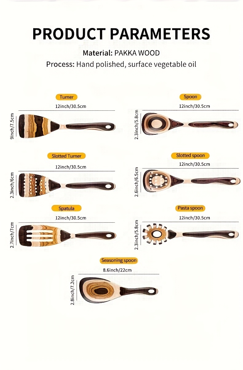 Pakkawood Spurtle Set, Kitchen Utensils Set For Cooking, WOSPONFAN 7pcs Pakkawood Wooden Cooking Spoons & Spatulas With Spoon Rest, Safe For Non-Stick Cookware, Outdoors & Kitchen Gift (Brown Spoon-7pcs)