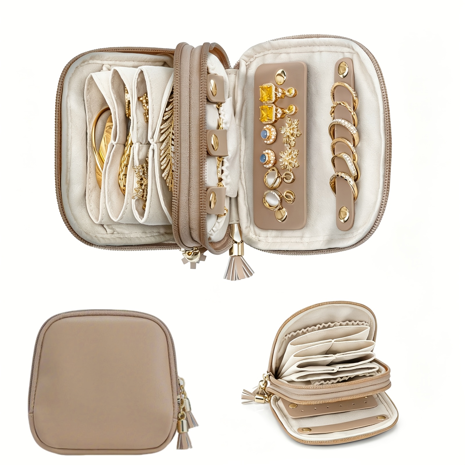 TEMU 2-layer Travel Jewelry Organizer Case Suitable For Women' Portable Faux Leather Storage Box With Removable Earring Board, Multi-compartment Soft
