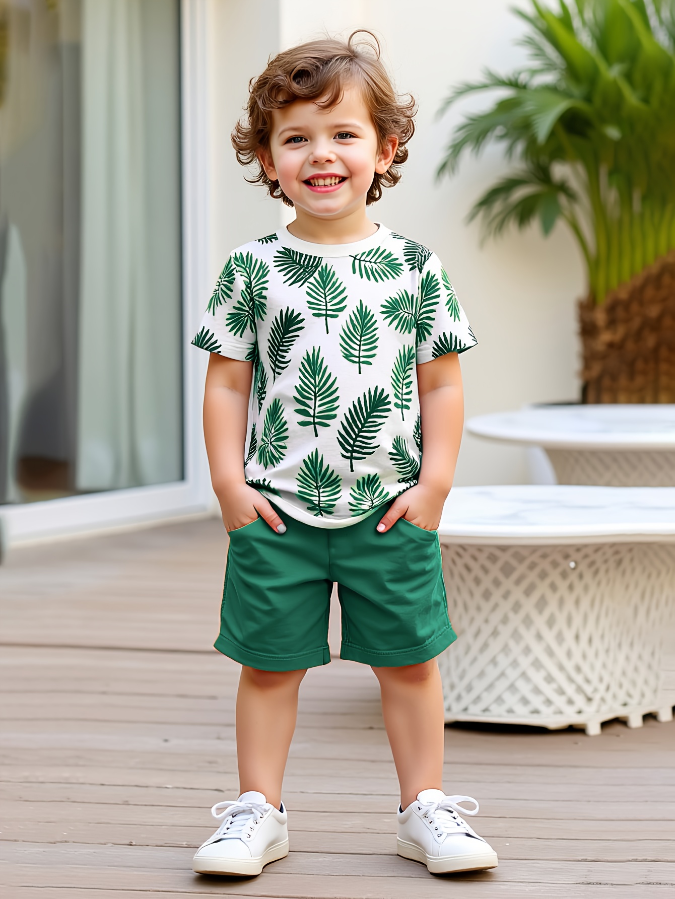 2pcs set of boys' clothing, summer short-sleeved round-neck T-shirt with leaf print and boy's fashionable shorts for summer outings, Perfect for Outdoor