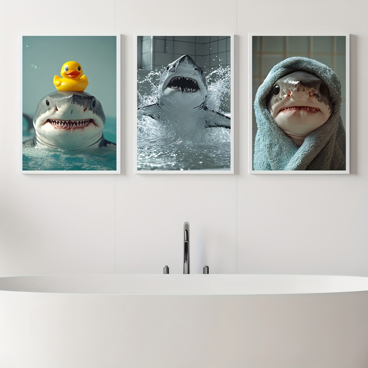 E-shop 2D Flach, 2D Flach, Drei Rahmenlose Cartoon Tier Kunst Poster für das Badezimmer, mit einem niedlichen Hai Ölmalerei, Original Wandkunst, als