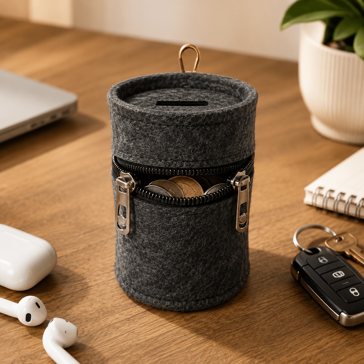 TEMU 1pc Handmade Felt Coin Purse Car Cup Holder Organizer, Cylindrical Zippered Coin Storage Pouch, Fits In Car Cup Holders, Suitable For Storing ,