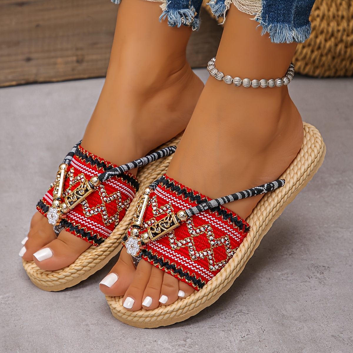 womens elegant chinese ethnic style flat sandals with colorful beaded ankle straps open toe design and braided sole summer casual footwear casual footwear ethnic style sandals woven sole sandals Product details 14