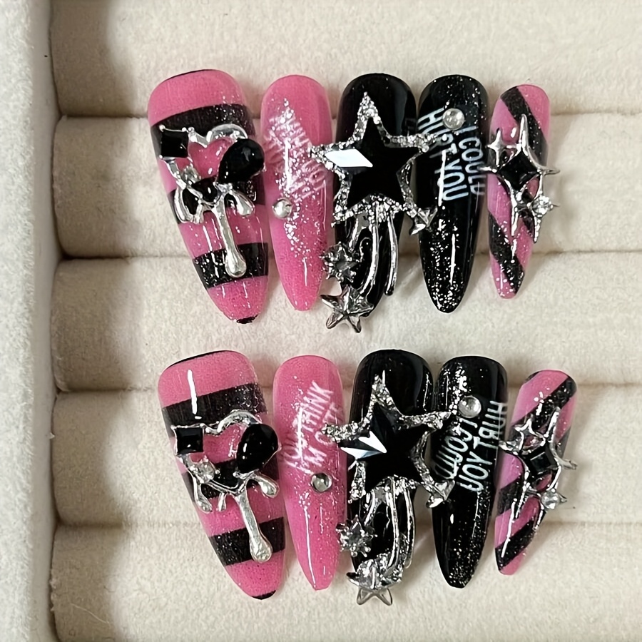 TEMU 10 Stück handgedruckte mandelförmige Nägel, Sommer-Nagelkunst, schöne künstliche Nägel, DIY, Sterne, Streifen, schwarze rosa Nagelpailletten,