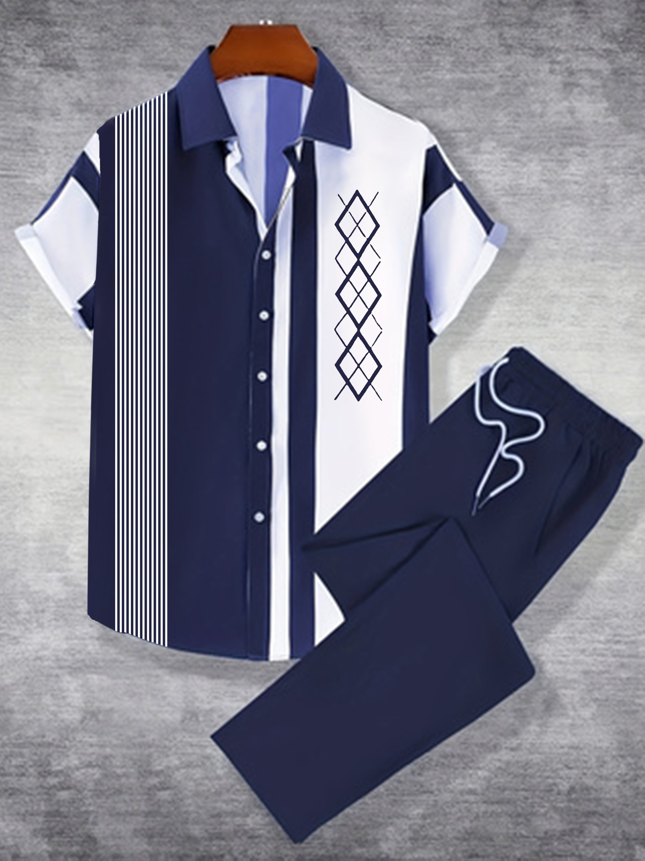Men'S 2pcs Hawaiian Style Short Sleeve Collared Shirt And Drawstring Long Pants Outfit, All-Over Print Casual Button-Up Shirt And Trousers, Suitable for Summer Daily Wear And Vacation Destinations