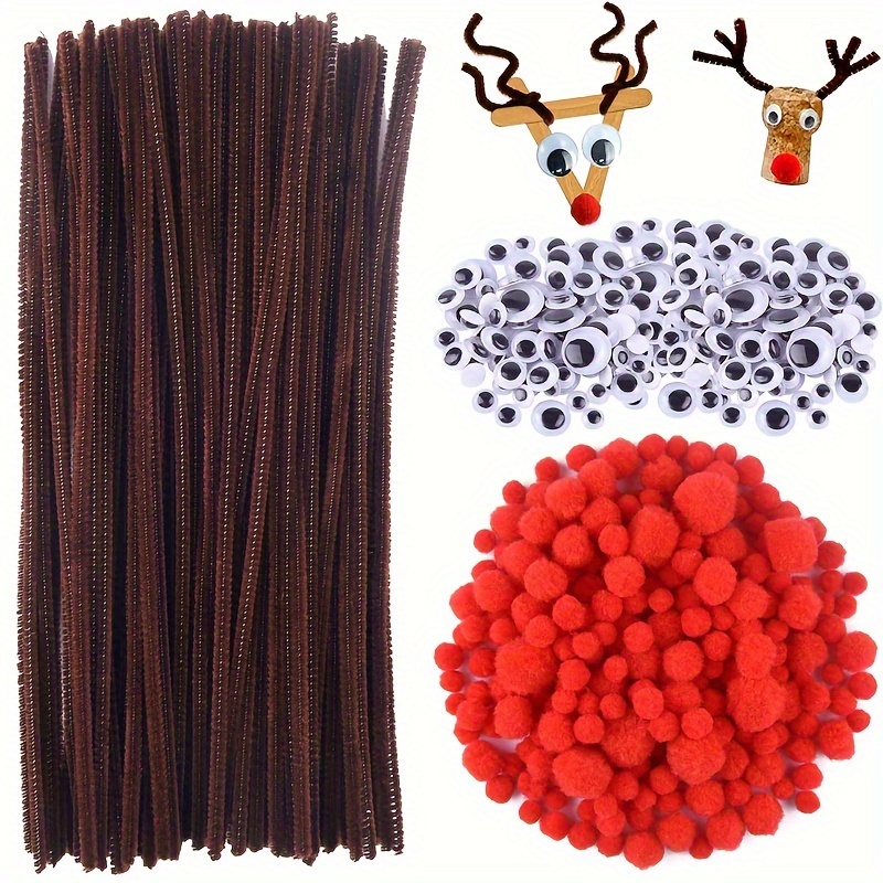 

450pcs Christmas Reindeer Diy Craft Kit - Includes 150 Brown Pipe Cleaners, 150 Googly Eyes & 150 Red Pom Poms For Decorations, Christmas Reindeer, Diy Kit