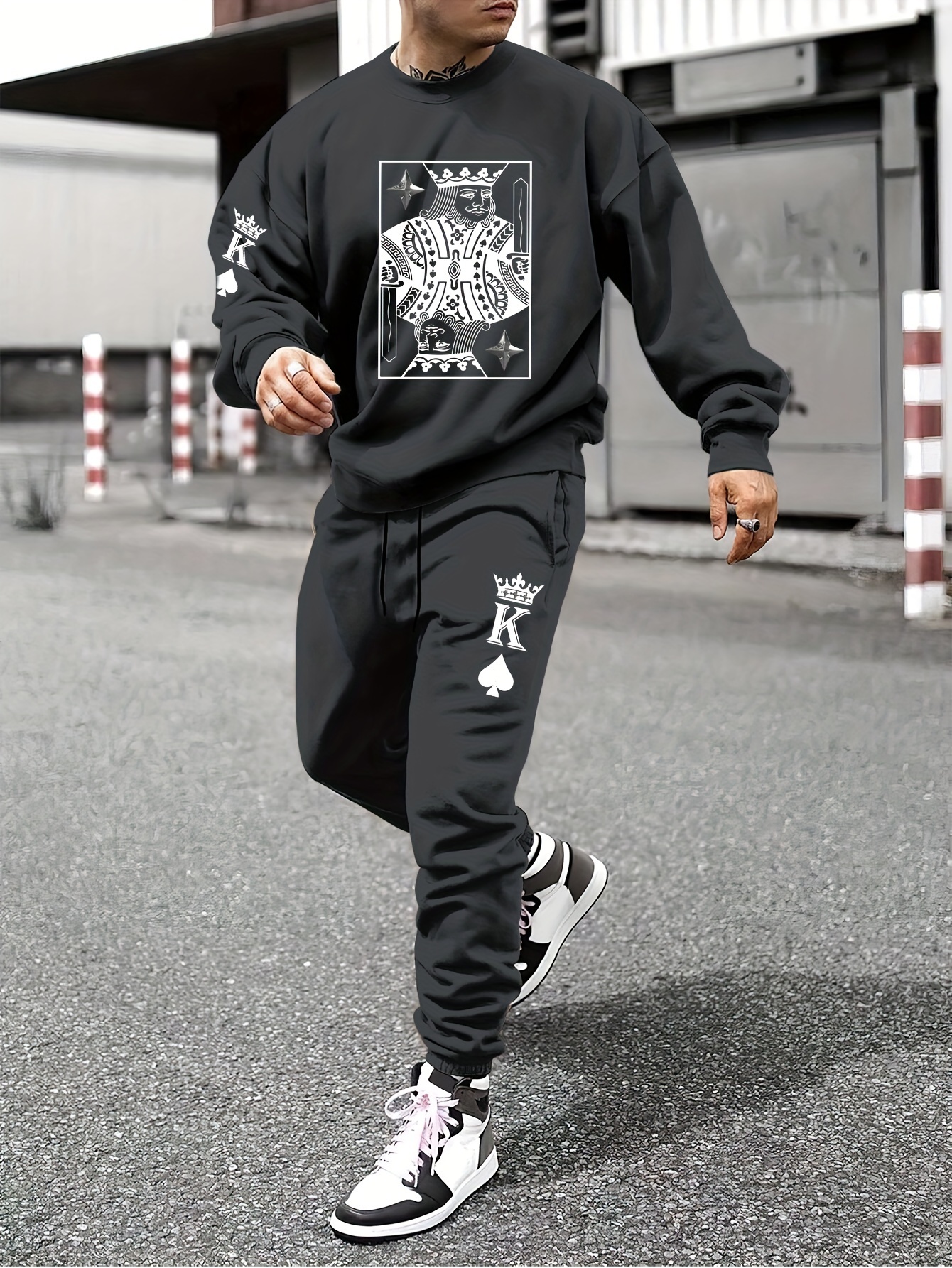 Conjunto de sudadera con capucha y pantalón con estampado de hombre  Negro con y Moda casual y cool Material