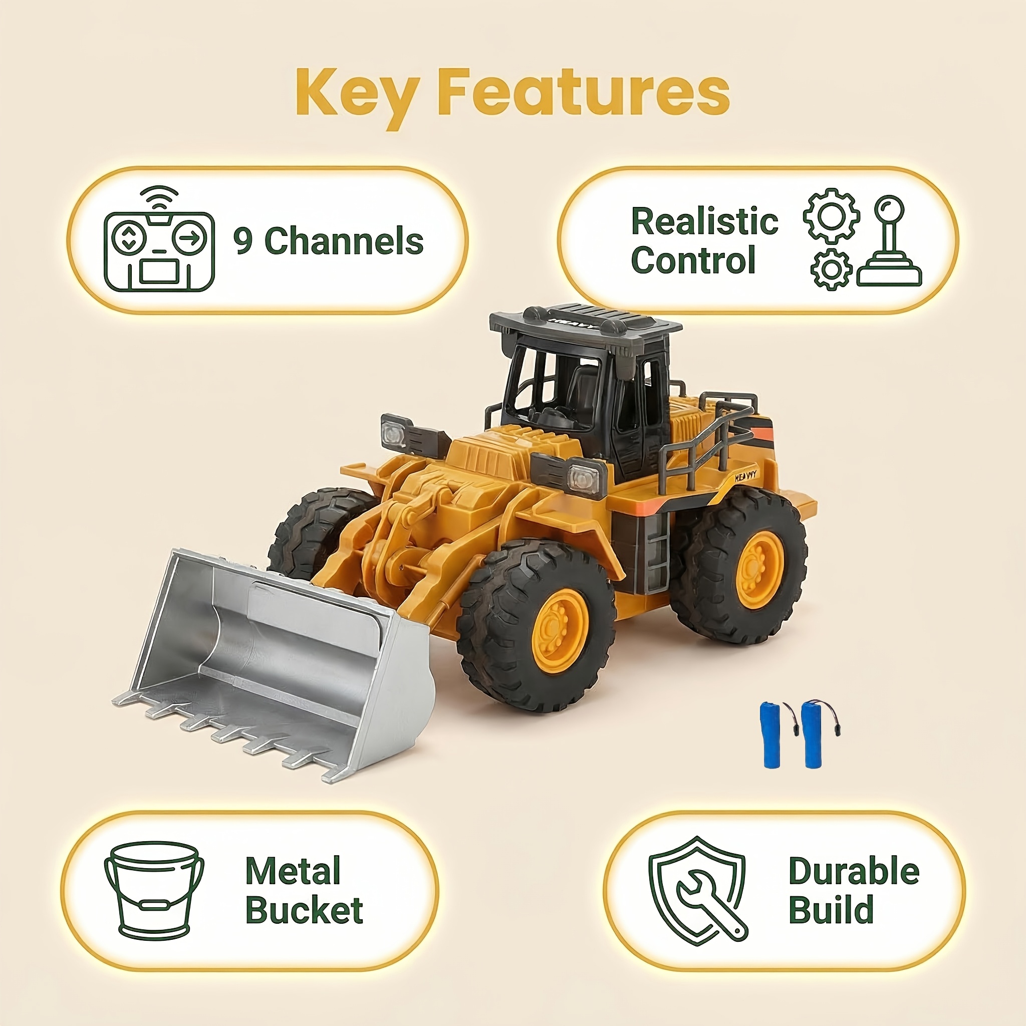 E-shop Fernbedienbarer Lader mit zwei Akkus – ferngesteuerter Bulldozer-Spielzeug-LKW mit hydraulischer Schaufel-Simulationsbedienung,