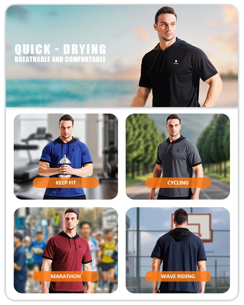 Men'S Loose And Comfortable Quick Drying Sports Shirt - Lightweight And Breathable Hooded Short Sleeved T-Shirt, Suitable for Outdoor Activities, Gym, Running, Marathon, Basketball.