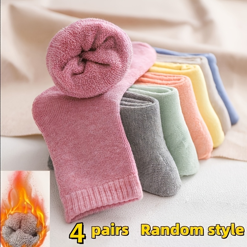 TEMU Random 4 Pairs Women's Socks, Autumn Winter Style, Comfortable Candy-colored Fleece Thickened Terry Tube Socks