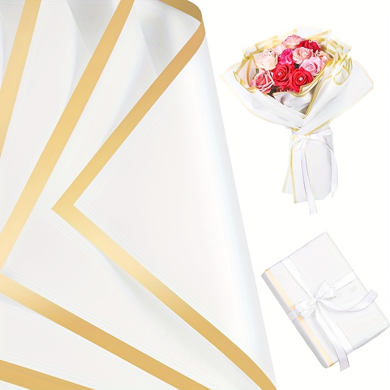 

10pcs d'Emballage Floral Élégant Blanc & Doré, Feuilles Étanches de 23"x23" avec Ruban Décoratif - Idéal pour Bouquets DIY, , Anniversaires, Saint-Valentin & Cadeaux Festifs, d'Emballage pour Bouquet