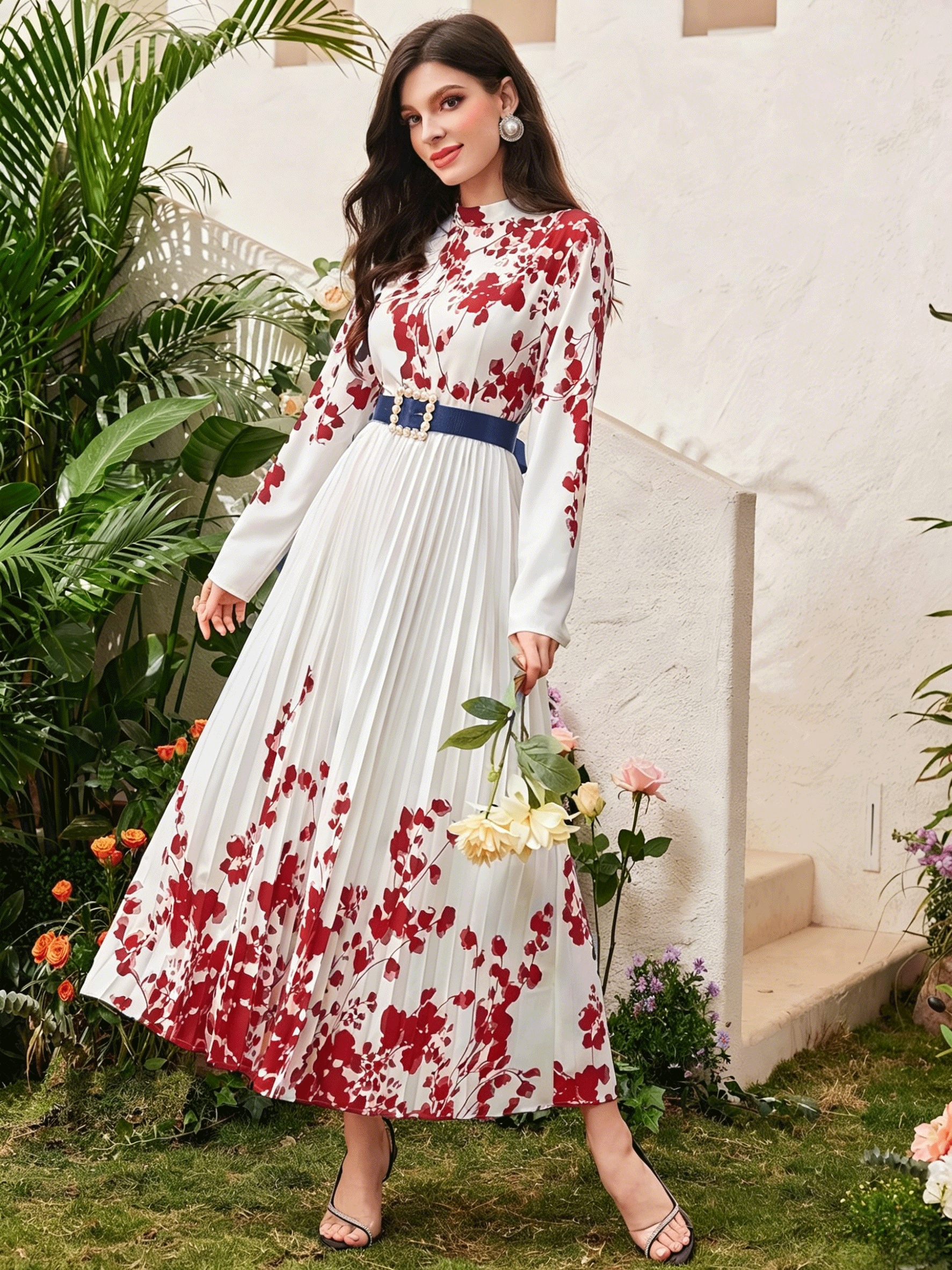 Womens Elegant Floral Placement Print Long Sleeve