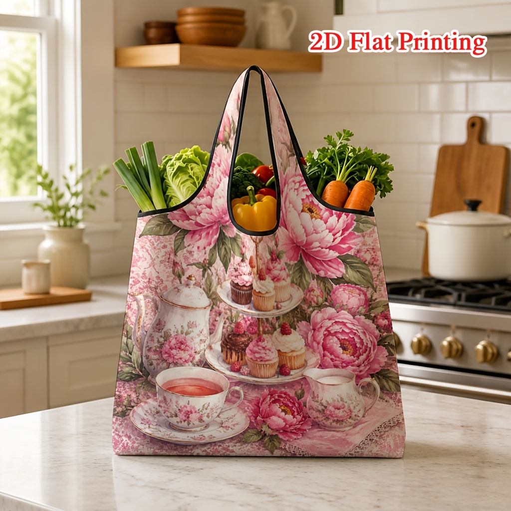 TEMU 1pc Pink Cupcake Pattern 2d Printed Shopping Bag, Suitable For Grocery Shopping And Travel, Machine Washable With Shoulder Strap, Large Portable